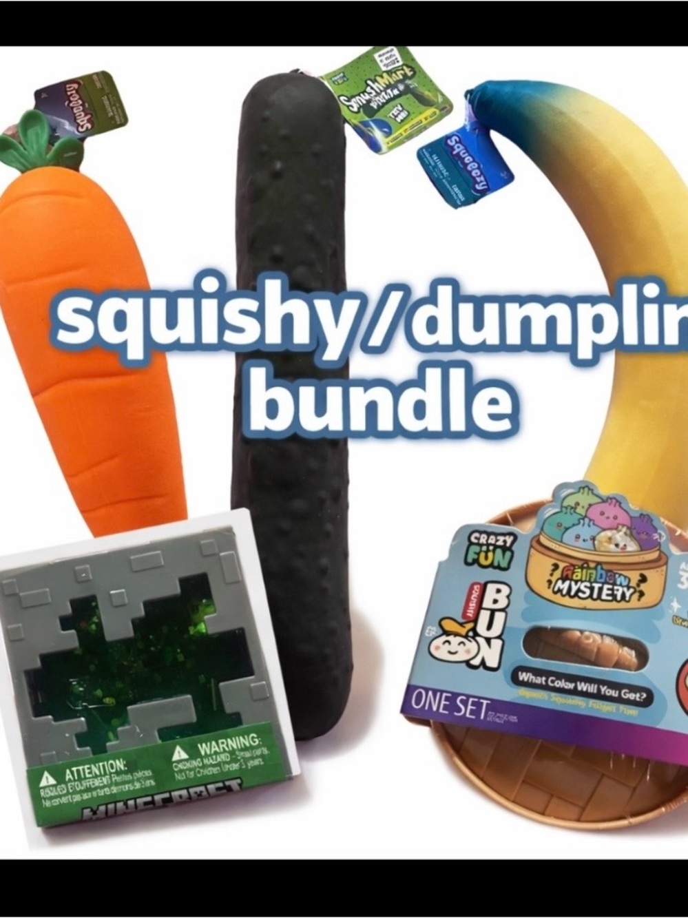 Squishy Bundle: Carrot, Banana, Pickle, Minecraft Squishy Cube, Mystery Dumpling